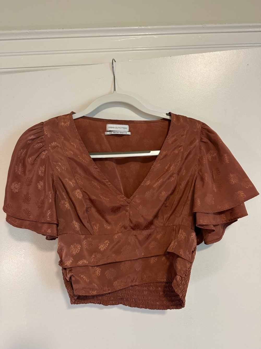 Urban Outfitters Rust Jacquard V-Neck Puff Sleeve Crop Top
